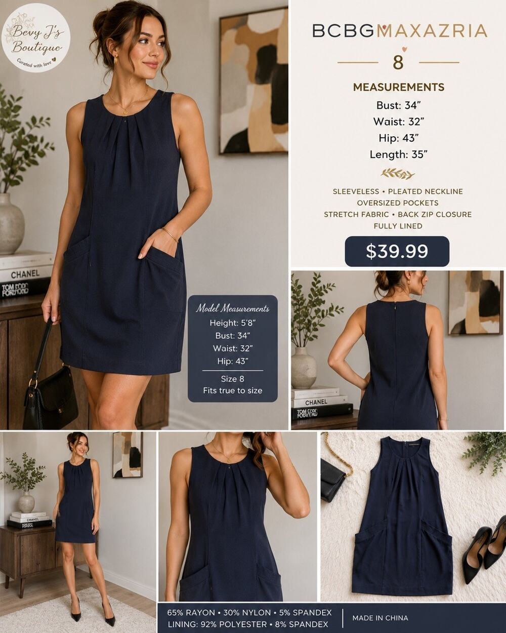 BCBGMAXAZRIA Dress Size 8 Navy Blue Sleeveless Pleated Pocket Shift Sheath EUC